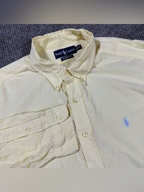 Ralph Lauren Mens 2XL Custom Fit Yellow Striped Seersucker Button Down Shirt LS